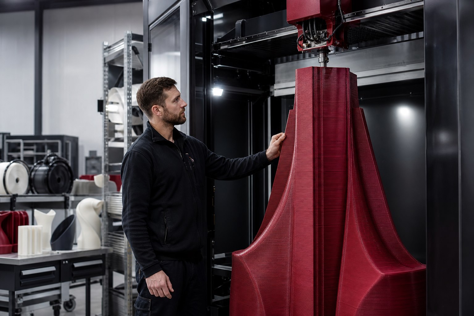 Visualisierung eines 3D-Druck-Technikers bei der Kontrolle eines großformatigen Schichtaufbaus