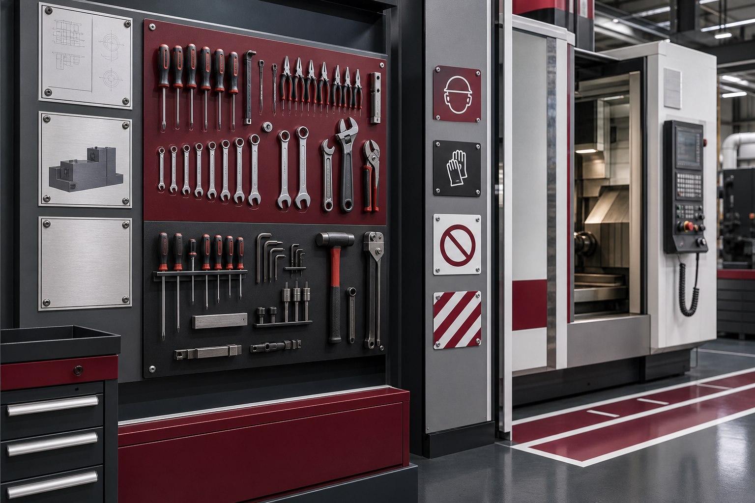 Industriearbeitsplatz mit Toolboard und dauerhaften Kennzeichnungen